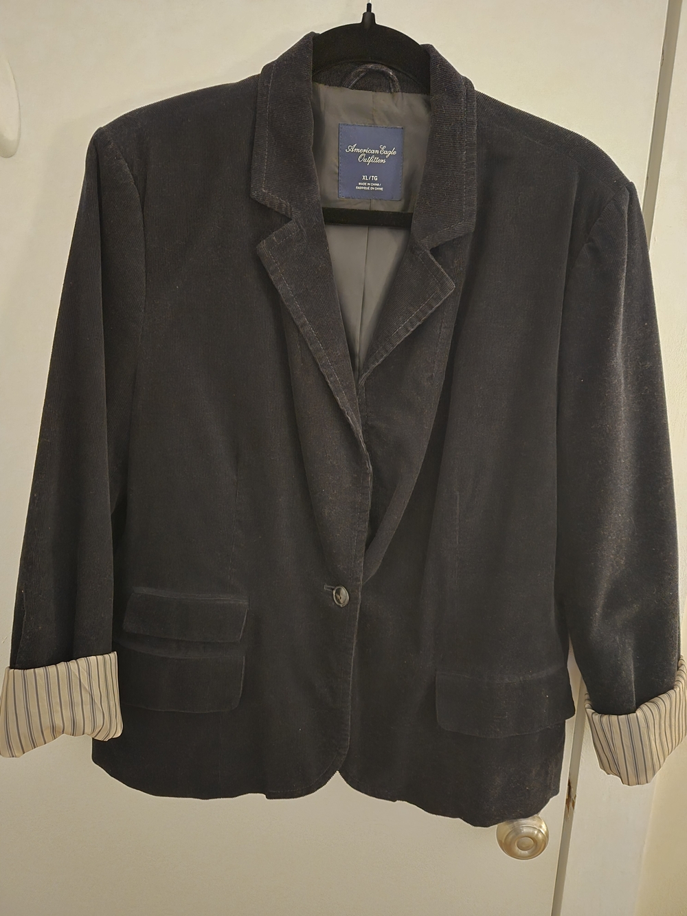 American Eagle Outfitters Navy Corduroy Blazer with Striped Cuff